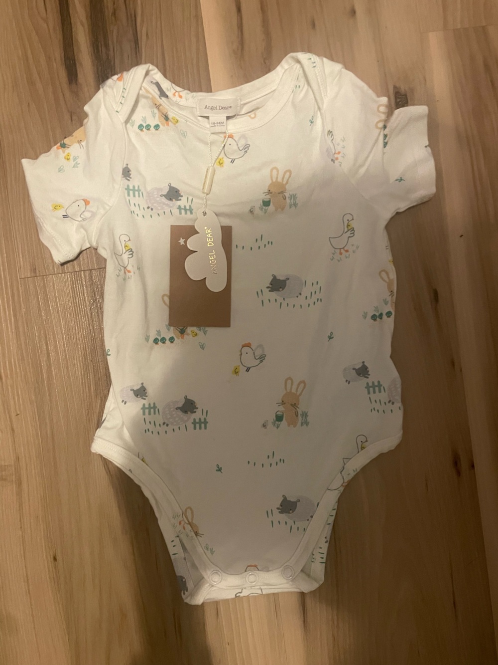 Angel Dear White Short-Sleeve Onesie with Pastel Animal Print